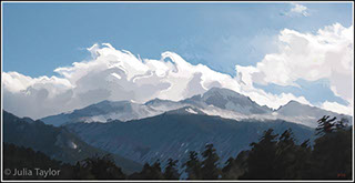 View of Long's Peak from my mail box - painting by Julia Taylor.